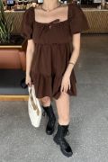 2351 Kloş Poplin Elbise - Kahverengi resmi